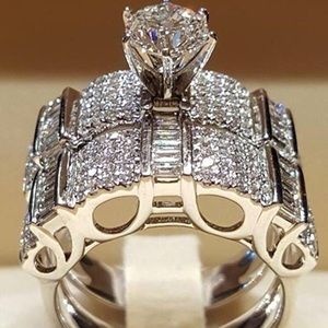 18K White Gold Diamond Engagement Bridal Wedding Anniversary Ring Set Size 6💍